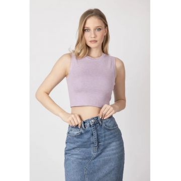 Top dama -  top scurt tricotat cu guler rotund - violet - jerseu -