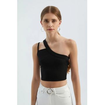 Top scurt -  cu un umar - decupaj elegant - negru - jerseu