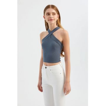 Top scurt -  decolteu halter - croiala incrucisata - gri - jerseu