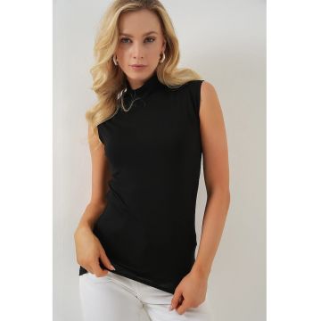 Tricou cu guler inalt dama -  fara maneci - viscoza/lycra - negru -