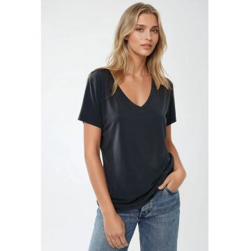 Tricou dama -  decolteu in V - maneca scurta - gri carbune - din jerseu