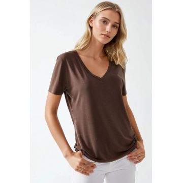 Tricou dama -  decolteu in V - maneca scurta - maro - din jerseu