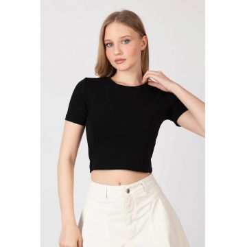 Tricou dama -  scurt - guler rotund - negru - textil