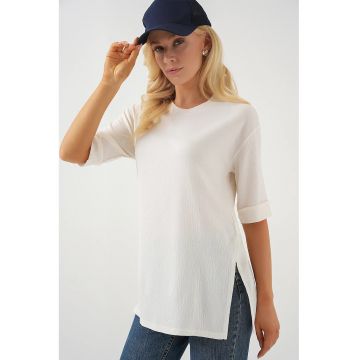 Tricou dama  texturat - maneca scurta - alb - poliester