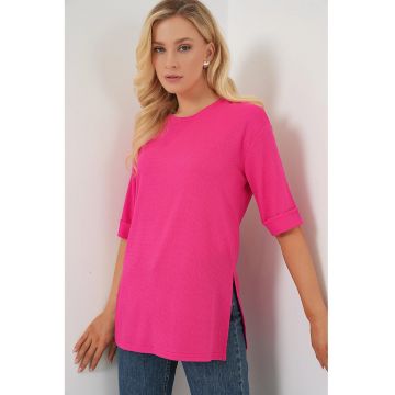 Tricou dama  texturat - roz - poliester - maneca lunga