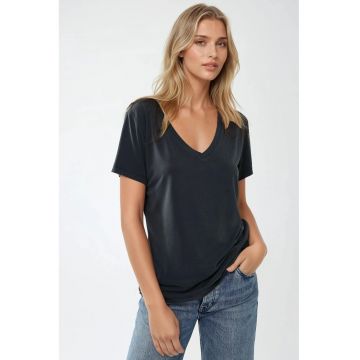 Tricou dama -  tricotat - guler rotund - croiala lejera - gri carbune - jerseu