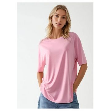 Tricou dama -  tricotat - guler rotund - maneca scurta - roz - jerseu