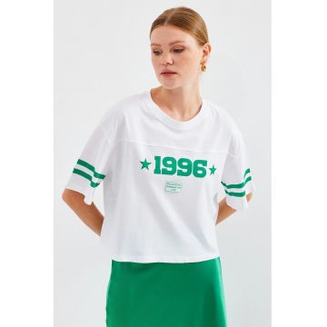 Tricou scurt supradimensionat  imprimeu Motto - alb - bumbac