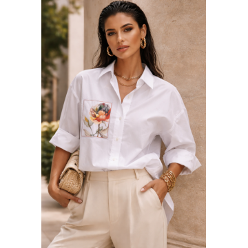 Camasa dama alba din bumbac cu imprimeu bujor multicolor