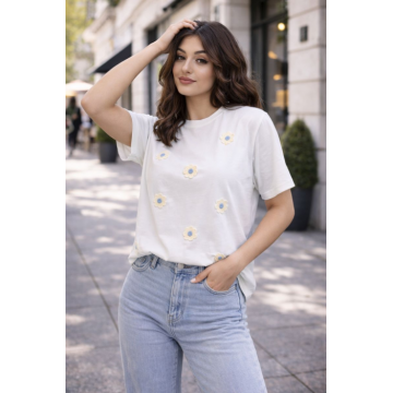 Tricou dama alb din bumbac cu flori brodate