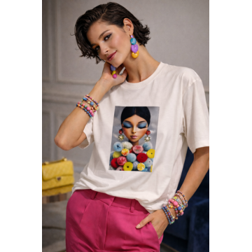 Tricou dama alb din bumbac cu imprimeu fata cu buchet multicolor