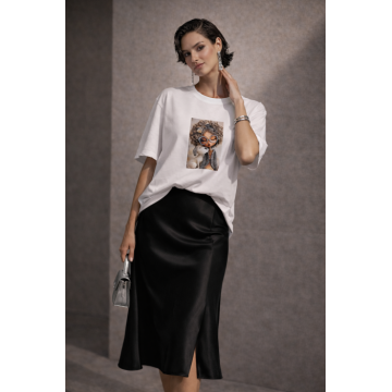 Tricou dama alb din bumbac cu imprimeu fetita si catel