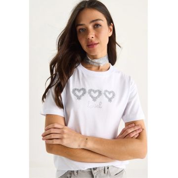 Tricou dama -  guler rotund - brodat - alb bumbac Tricou dama -  guler rotund - brodat - alb bumbac