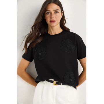 Tricou dama  guler rotund - imprimeu floral - negru - bumbac - Tricou dama  guler rotund - imprimeu floral - negru - bumbac -