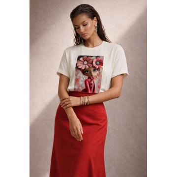 Tricou dama ivory din bumbac cu imprimeu fata cu cercei