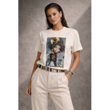 Tricou dama ivory din bumbac cu imprimeu fata cu par cret