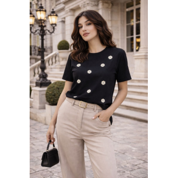 Tricou dama negru din bumbac cu flori brodate