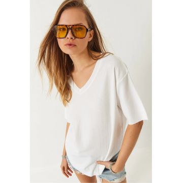 Tricou dama -  tricou tricotat - maneca scurta - alb - poliester/ elastan/ lycra Tricou dama -  tricou tricotat - maneca scurta - alb - poliester/ elastan/ lycra