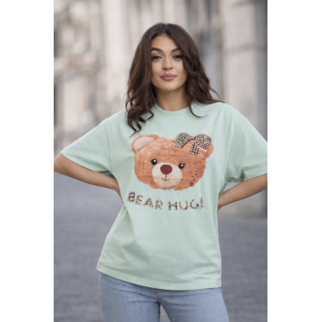 Tricou dama verde menta din bumbac cu ursulet cu fundita