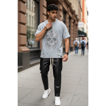 Tricou barbati gri  cu imprimeu   oversize Y238