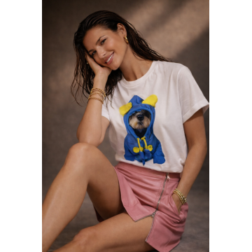 Tricou dama alb cu imprimeu catel cu hanorac albastru