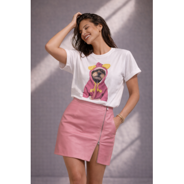 Tricou dama alb cu imprimeu catel cu hanorac roz