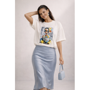 Tricou dama alb cu imprimeu fata ceasca cu flori