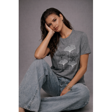 Tricou dama gri cu imprimeu flori minimaliste in chenar argintiu