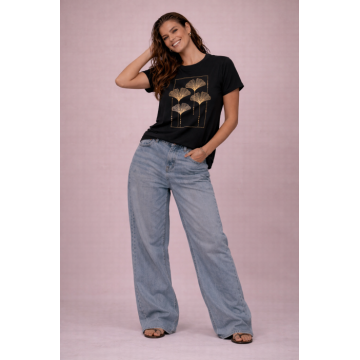 Tricou dama negru cu imprimeu flori minimaliste in chenar