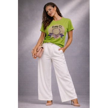 Tricou dama verde din bumbac cu lavanda si pietricele aplicate