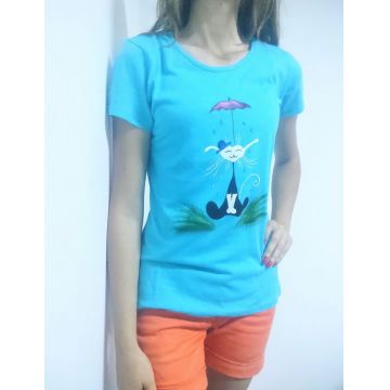 Tricou turcoaz pictat manual cu pisicuta si umbrela